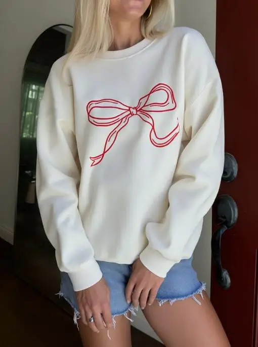 

Women's Sweatshirts 2025 Spring Autumn New Cute Sweet Style Bow Printed Round Neck Long Sleeve Loose Casual Pullover Sweatshirt