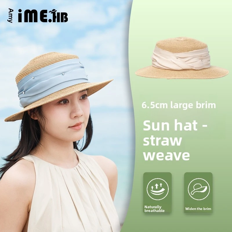 imenew-フランス風フラットトップ麦わら帽子-女性用、麦わらフェドーラ、海辺の休暇やビーチ用のサンハット、高級感のあるデザイン