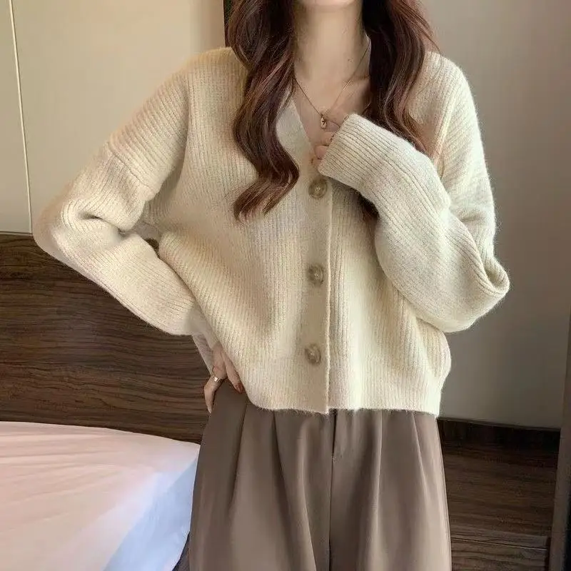 2024 Autumn/winter New V-neck Knitted Top Long Sleeve Sweater Cardigan Loose-fit Casual Style Women's Pullover Jacket