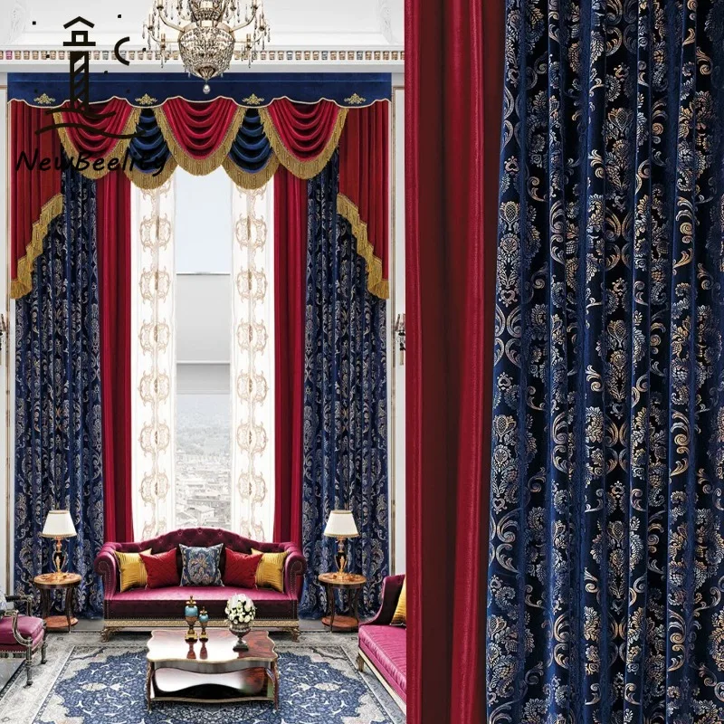 New Blackout European Luxury Series Blue Red Two Color Gilding Velvet Cloth Curtains for Living Dining Room Bedroom Decoration