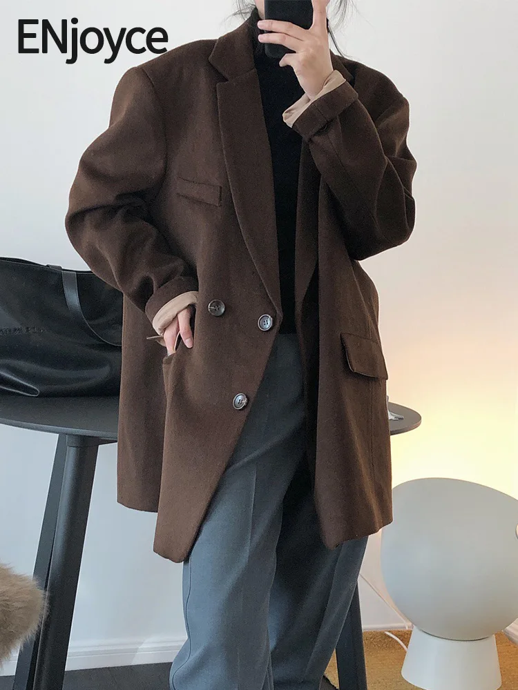 

ENjoyce 2023 Winter Women Korean Fashion Wool Blazer Vintage Brown Suit Coats Loose Workwear Advanced Clothing