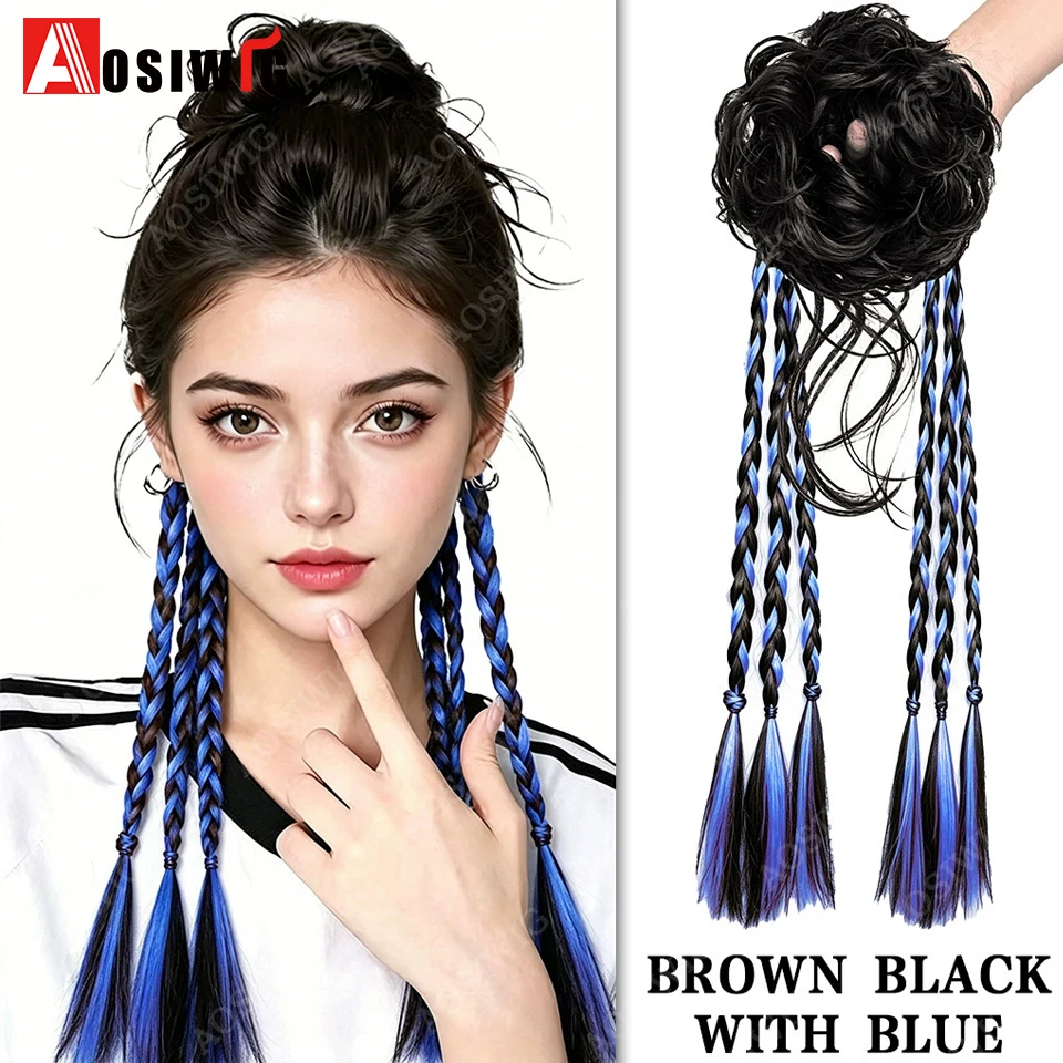 Synthetic Ombre Braided Messy Bun  Poytail Chignon Hair Fluffy Long Braid Twist Tail Flower Bud Head Traditional Chinese Style