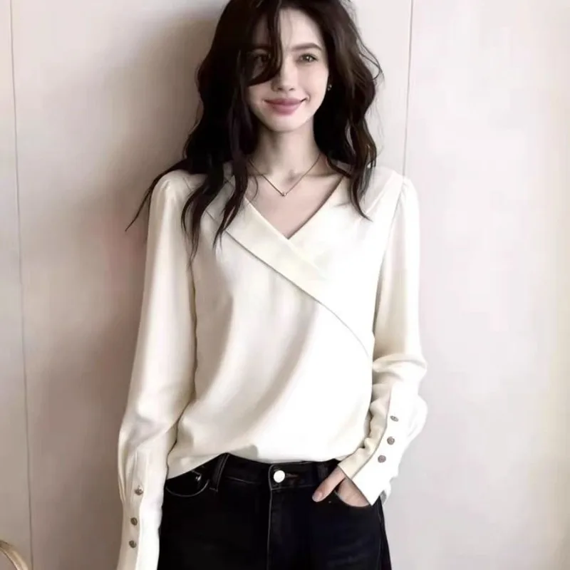 Korean Style Women Apricot Cross V Neck Long Sleeve Shirt Elegant Commuter All Match Casual Blouse