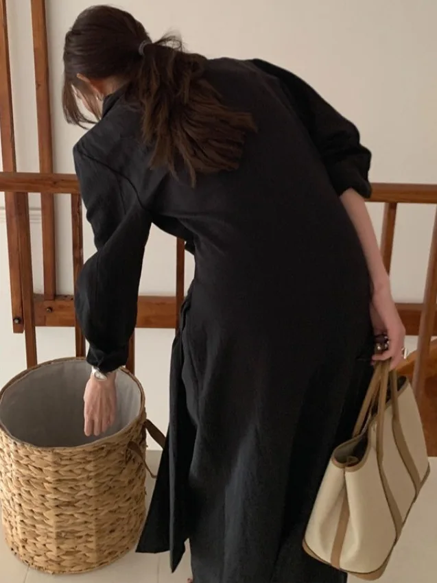 우아한 긴팔 솔리드 컬러 벨티드 허리 슬리밍 미디 드레스 봄 시크 V넥 타이 허리 여성 패션 드레스