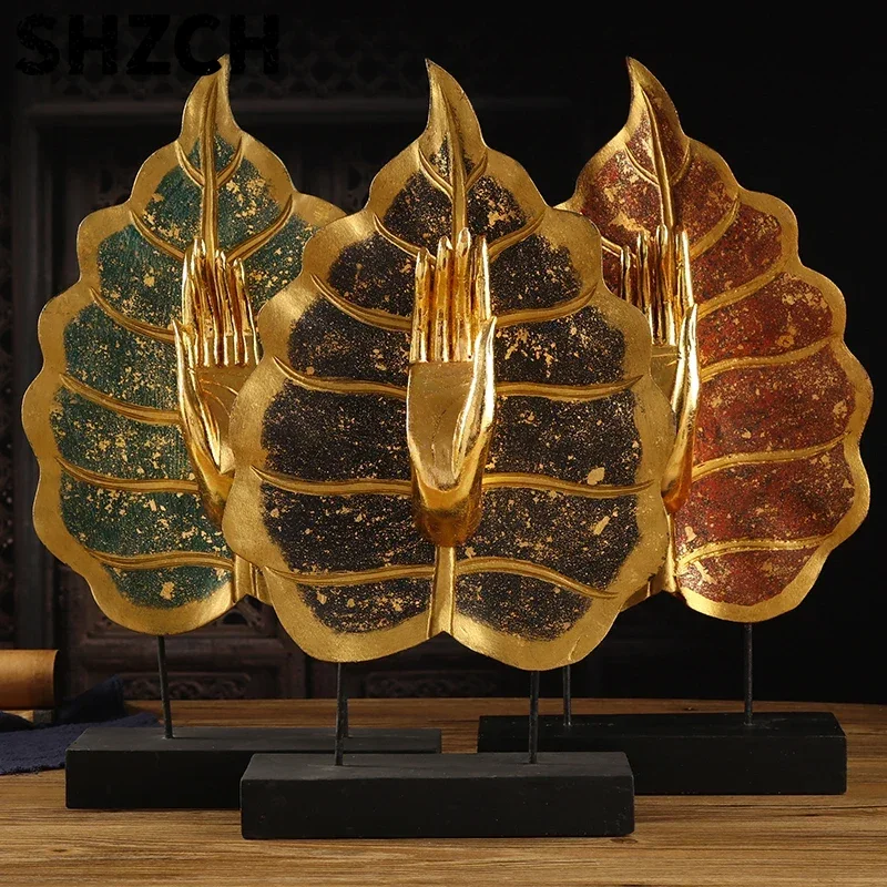Handmade Solid Wood Buddha Hand Ornament Bodhi Leaf Shape Office Decor Carved Gold Powder Painted Surface
