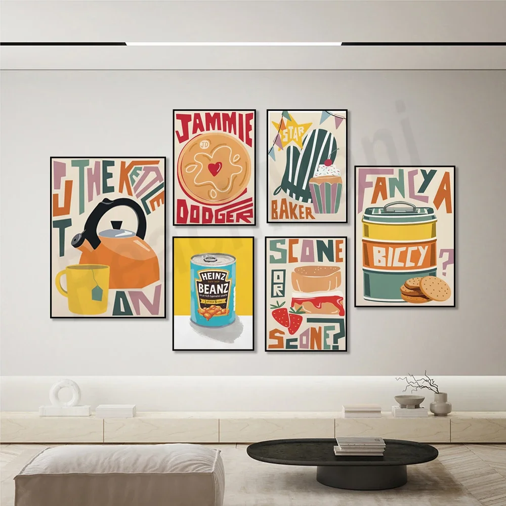 Food posters, baked bean art, British baking, custard art, biscuits, kettles, scones, gourmet gifts, fun kitchen restaurant gift