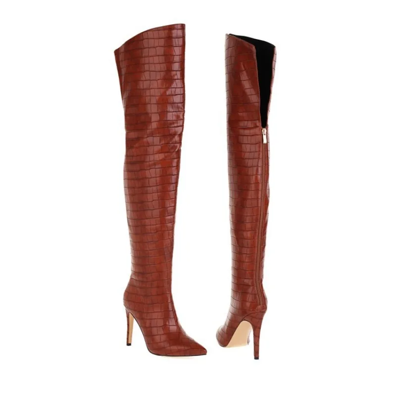 Sexy Women Over The Knee Boots Stone Pattern PU High Heels 10.5CM Thin Heels Non-slip Rear Zipper   Boot  Luxury Trendy Designer