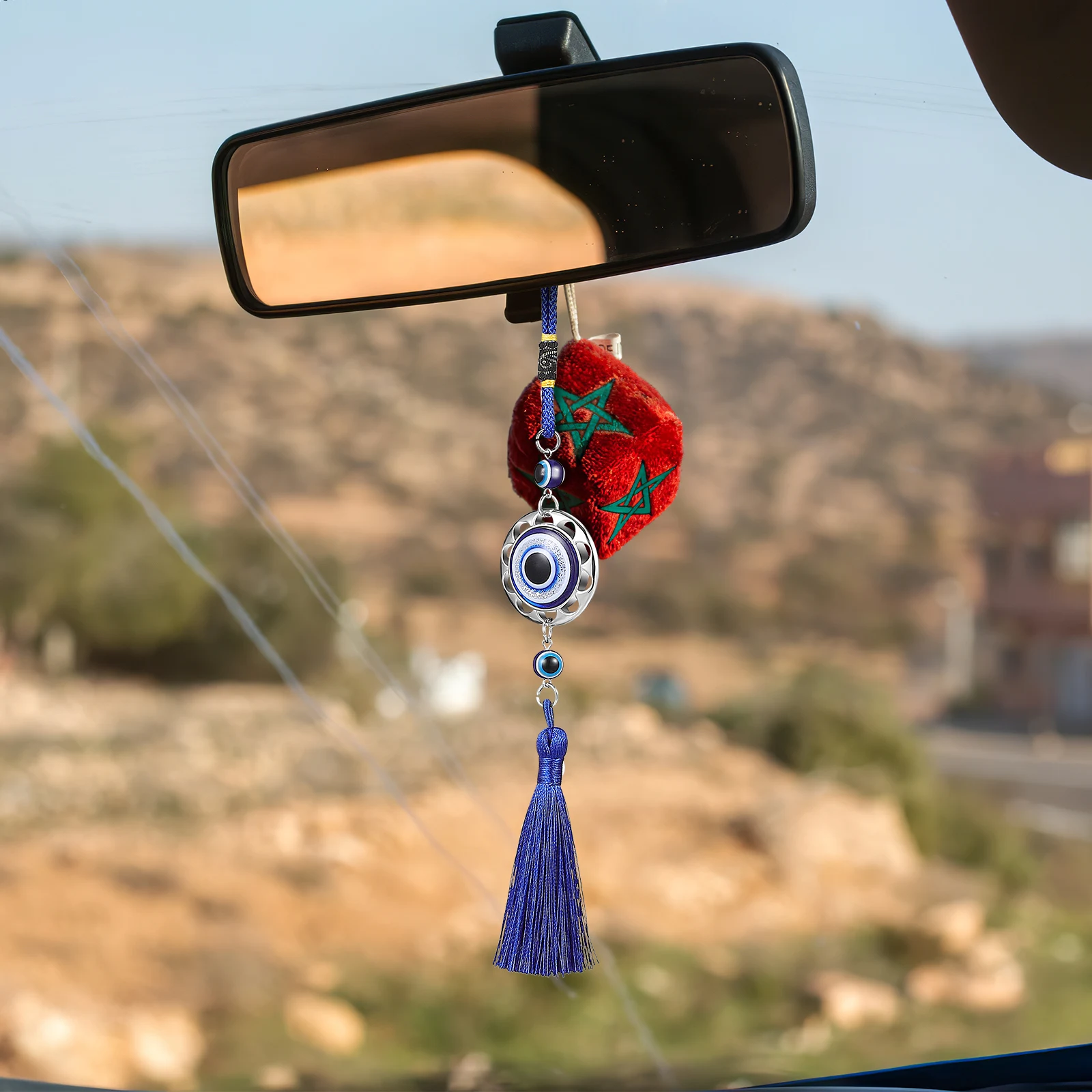 6 pcs Car Hanging Ornaments Round Heart Evil Eye Tassel Charms For Rear View Mirror Car Accessories Home Office Wall Decor