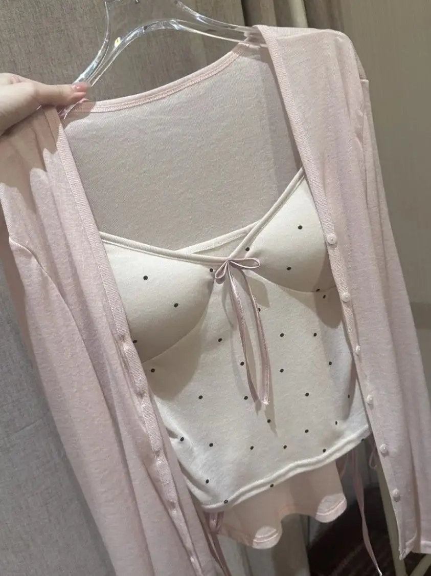 Sweet  Knot Strap Vest Women's Open Cardigan Two-Piece Set Slimming Sun Protection Top Polka Dot Short Length