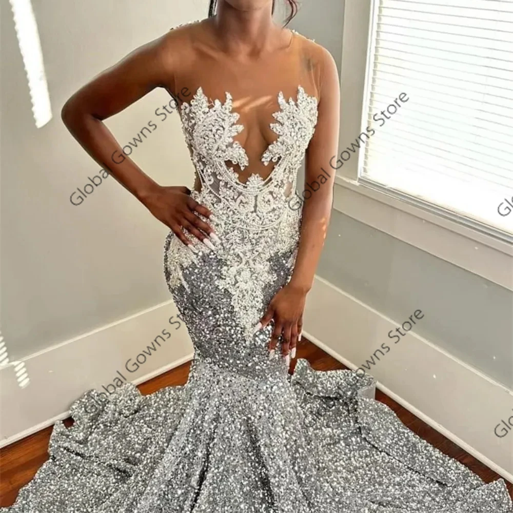 Silver O Neck Beaded Appliques Long Prom Dresses For Black Girls Sequined 2024 Birthday Luxury Dress Tassel Graduation Gown