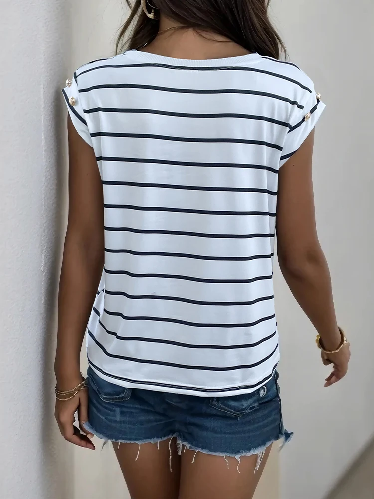 JIM & NORA Women\'s Korean Retro Style Casual Striped Summer Sleeveless Shirt Round Neck Elegant Fashion Temperament T-Shirt