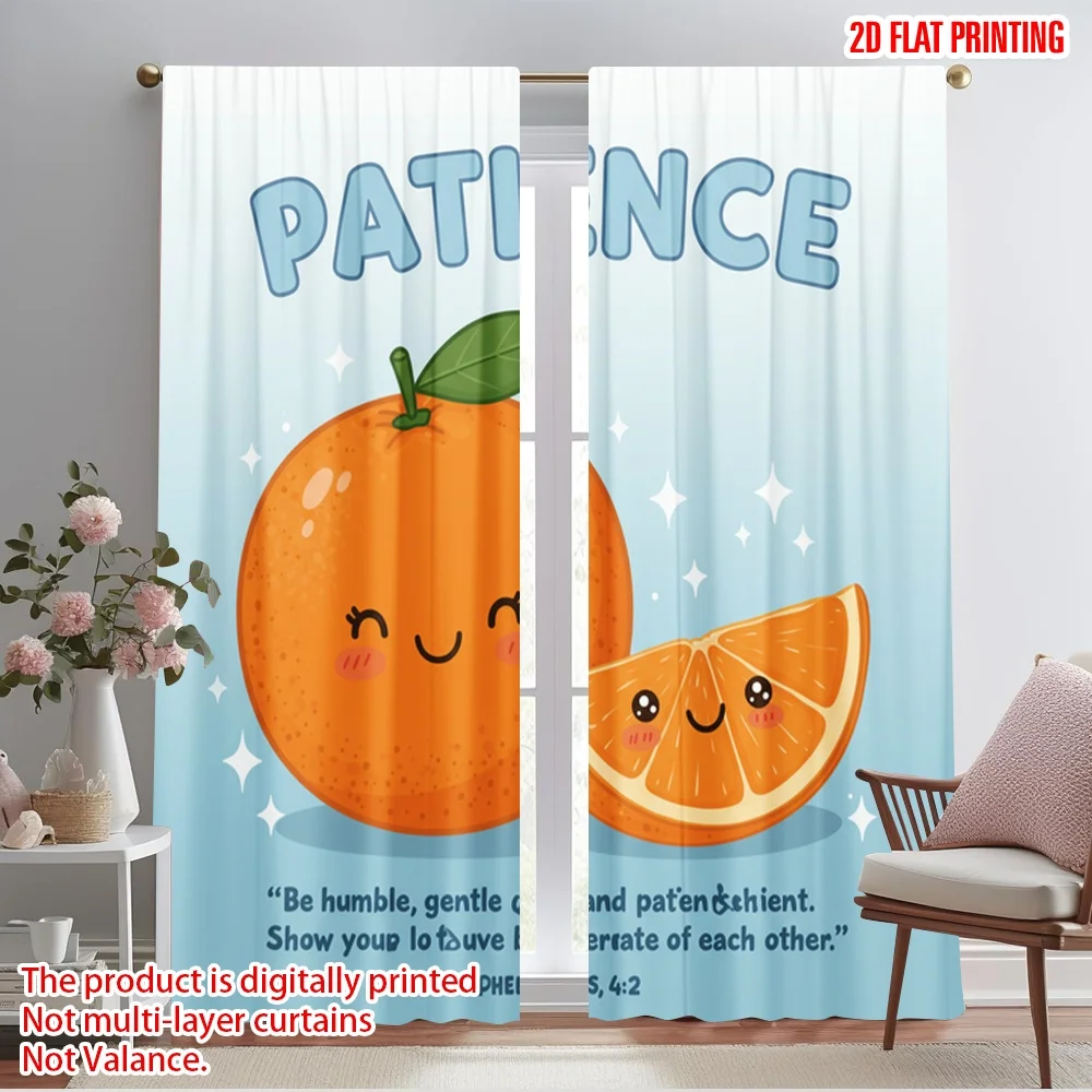 

2pcs 2D flat printing Curtains Cute Orange Slice Patience Quote 100% Polyester Fabric Without Electricity Festive Holiday Use