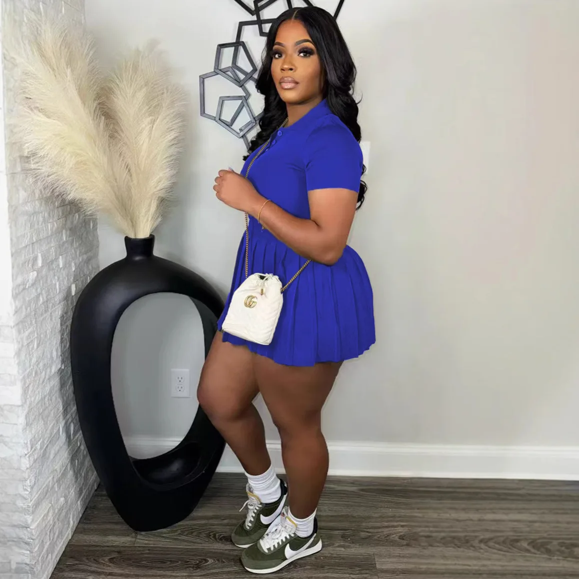 شقيقة ستار المرأة مريحة عارضة بولو طوق زر مطوي تنورة محبوك مزاجه أنيقة ركاب قطعتين مجموعة