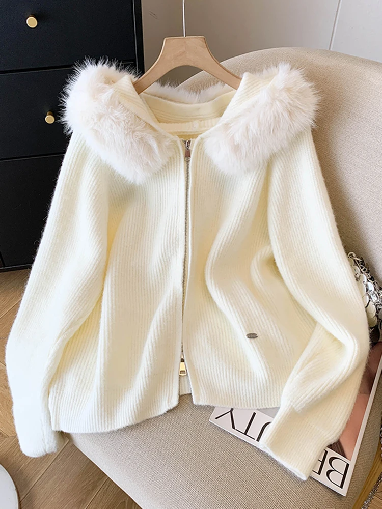 

Loose Knitted Zipper Hooded Cardigan Women's Faion Autumn Winter New Sle Lazy Sle Big Fur Collar Ladies Outerwear