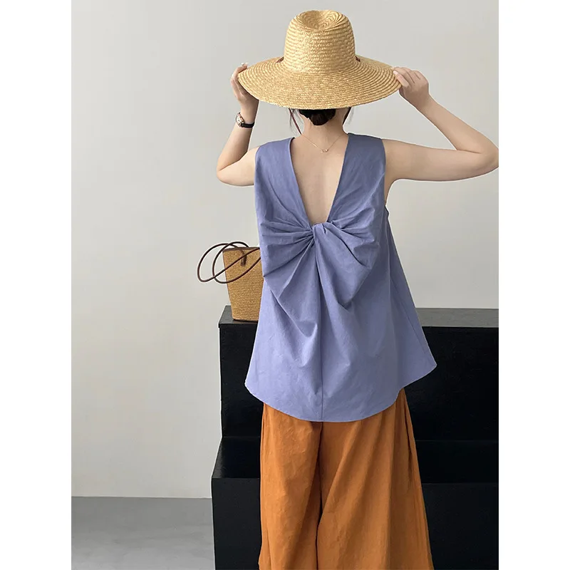 

Back Knotted Cotton Linen Vest Sleeveless Small Shirt Loose Medium Long Top 2024