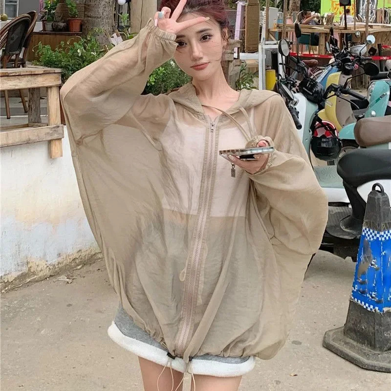 

2025 Summer Thin Sunscreen Shirt Women Outdoor Beach Zippers Long Sleeve Hooded Blouse All Match Loose Sun Protection Shirts