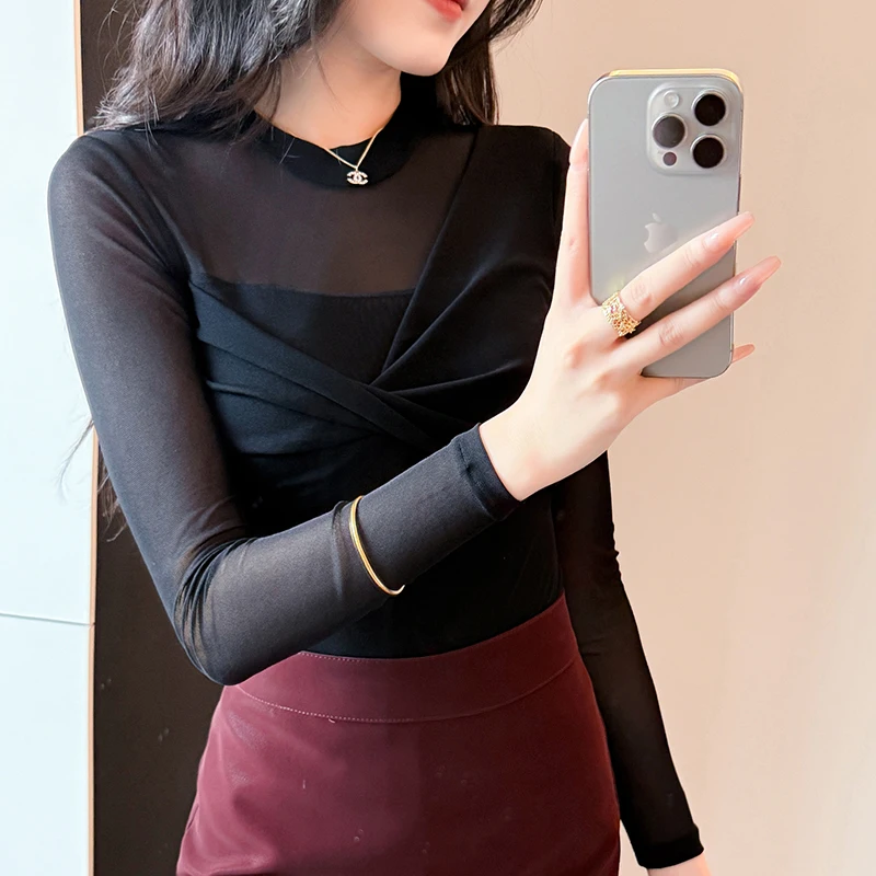 한국 패션 라운드넥 단색 긴팔 티셔츠 가을 겨울 이너웨어 라운드넥 캐주얼 여성 티셔츠