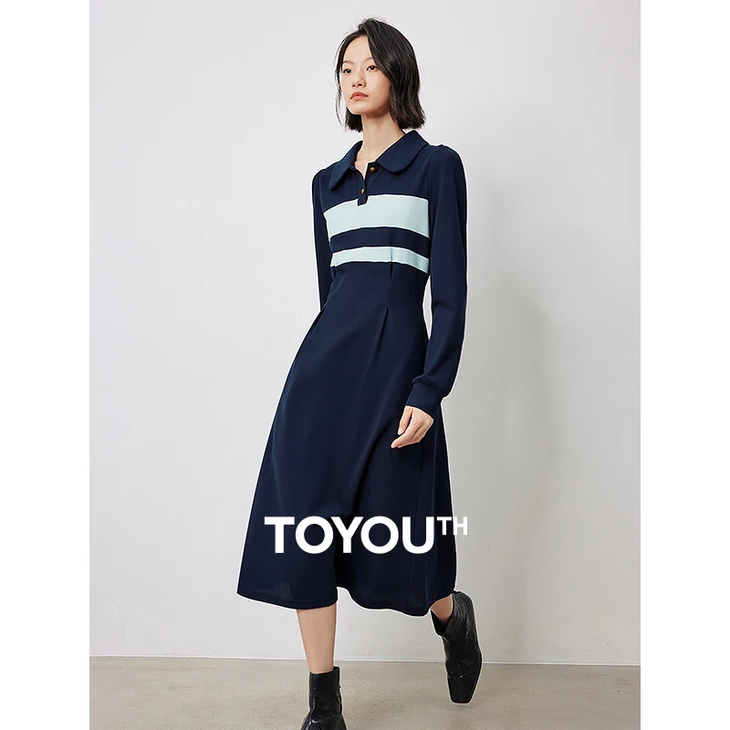 

TOYOUTH Women Dress 2024 Autumn New Polo Collar Striped Contrasting Color Slim Waist Long Sleeve Knee Length Casual Dress