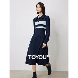 TOYOUTH Women Dress 2024 Autumn New Polo Collar Striped Contrasting Color Slim Waist Long Sleeve Knee Length Casual Dress