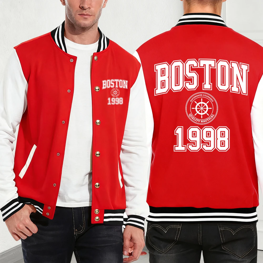 

Boston City 1998 Art Letter Printed Men'S Jackets Cotton Basics Pocket Baseball Jersey Winter Fleece Warm Coats Hip Hop Men Tops