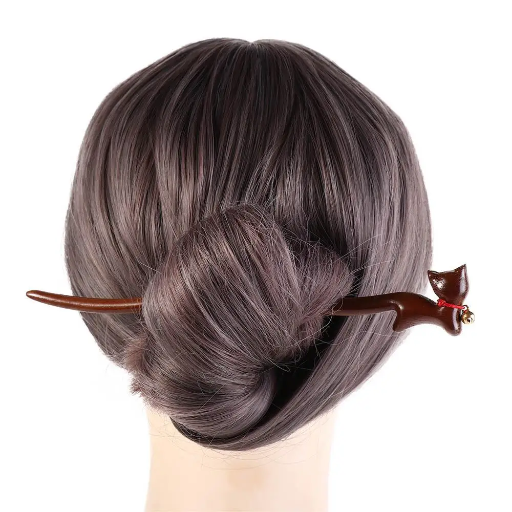 

Elegant Wooden Cat Hair Stick Bell Headwear Chinese Hanfu Style Hair Clip Hair Fork Korean Style Cartoon Aniaml Hairpin Party