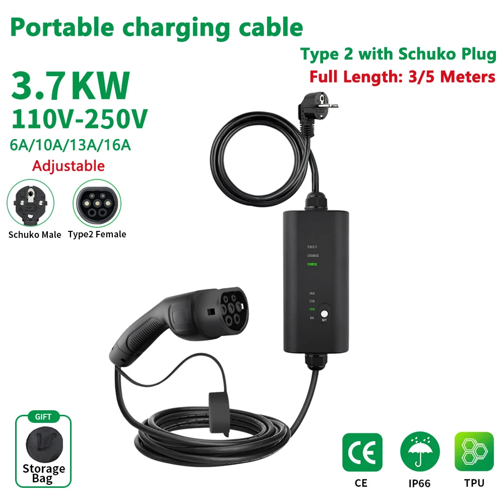 

EVMBO Schuko EU Plug Type 2 IEC62196-2 Portable EV Charging Cable 3.5KW 6/10/13/16A Adjustable Charging Cord