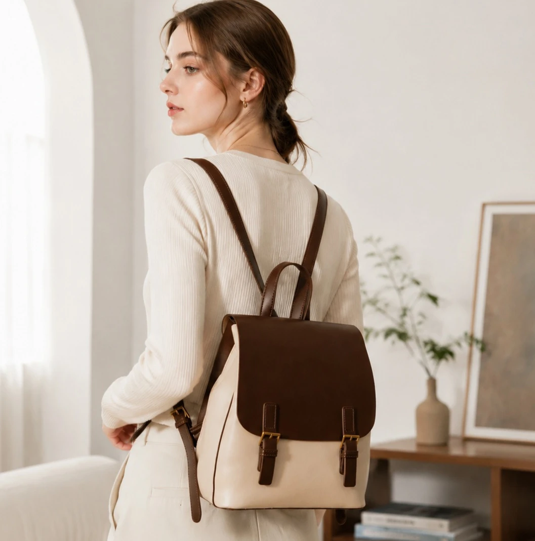 Genuine Leather Small Batch Backpack Women Vintage Soft Style School Bag Lightweight Rucksack for Daily Commute