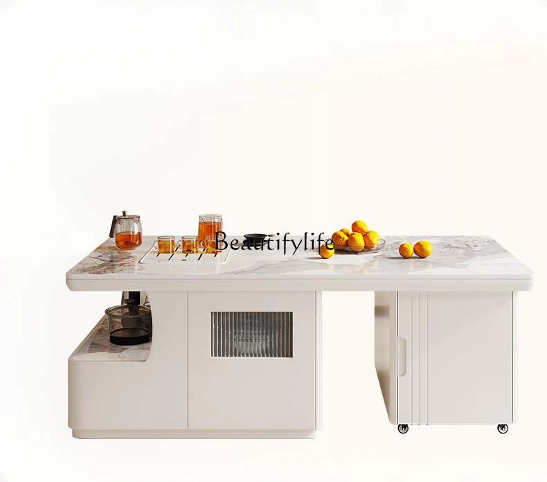 

Cream Style Stone Plate Kung Fu Tea Table Retractable Modern Living Room Multi-Functional Tea Table Tea Table One Body