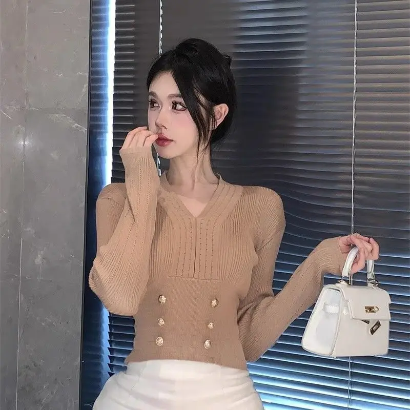 المرأة الخريف الشتاء البساطة مكتب سيدة الخامس الرقبة بلون طويلة الأكمام تريكو السيدات موضة كل مباراة مزاجه القمم