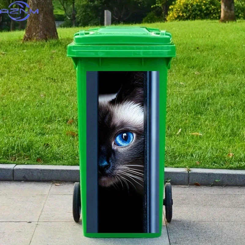1pc, 2D/FLAT Trash Can Sticker, .01*81.99cm, Blue-Eyed Cat Peeking Behind Door, Realistic Pet Look, Creative Waterproof Trash