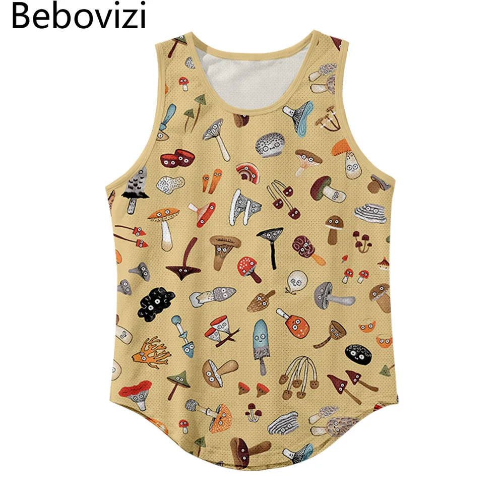 Fashion Mushroom Print Tank Tops Summer Gym Sleeveless Shirt Sportswear Vest Casual Singlet Beach Men Mesh Tops Plus Size 6XL