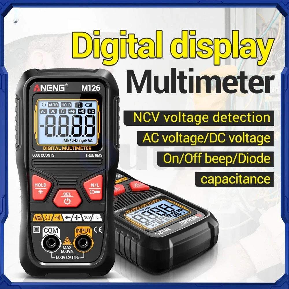 

Цифровой измеритель напряжения и тока LCD M126, автоматический цифровой мультиметр, измеритель напряжения переменного/постоянного тока, 6000 измерений, мультиметр-тестер с функцией измерения сопротивления (Ом-метр)