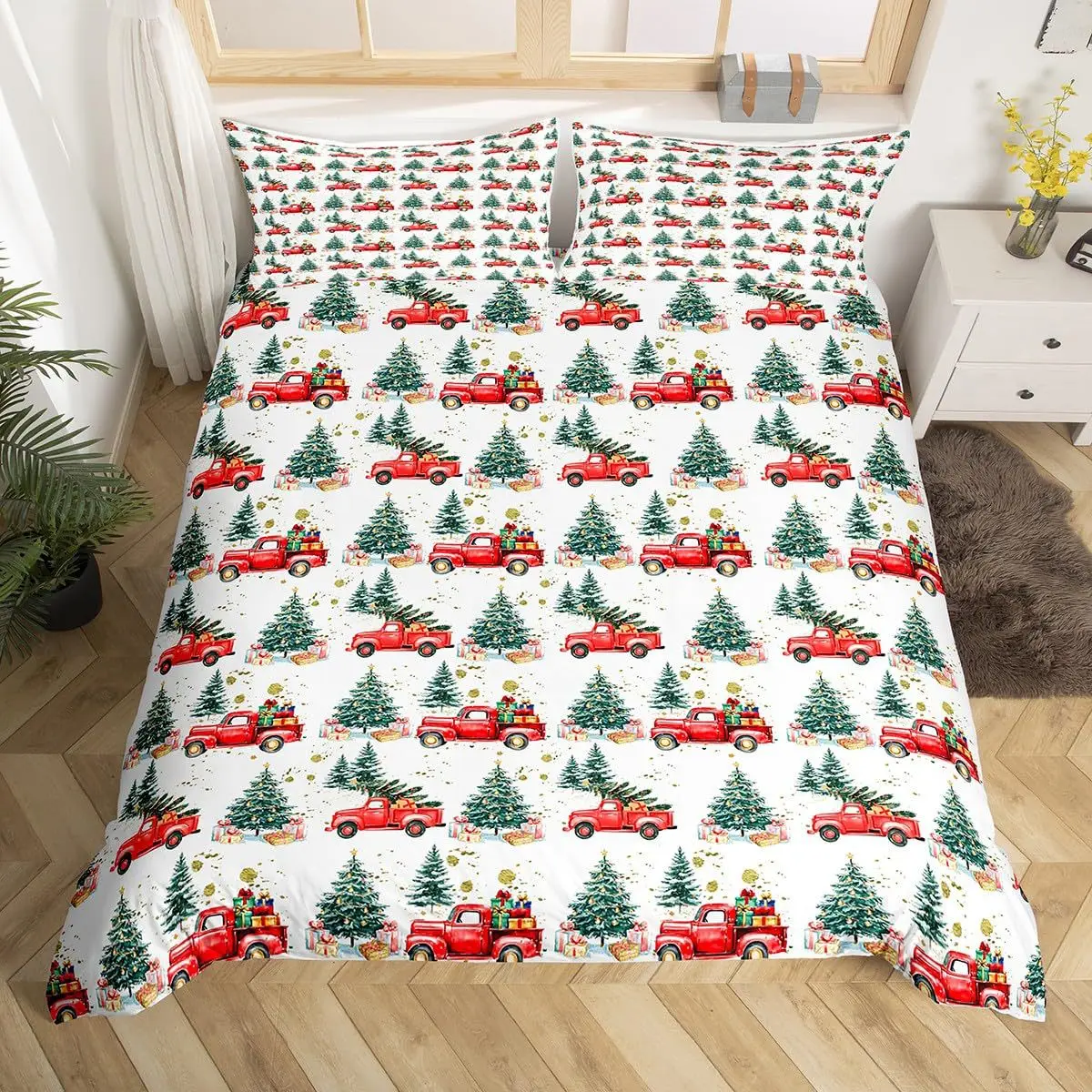 Christmas Duvet Cover Set Red Truck Snowman Reindeer Bedding Set with Pillowcases Holiday Bedroom Decor Winter Gift Single Doub
