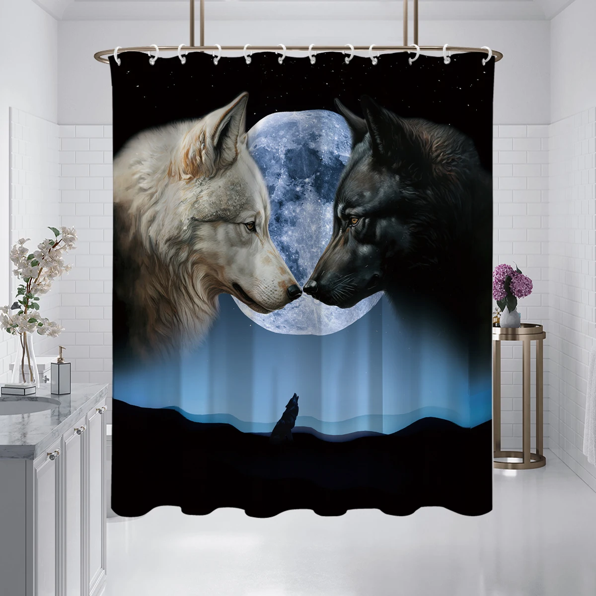 1PC wolves and moon pattern printed shower curtain, waterproof and washable, with  hooks, bathroom shower, bathtub, home use