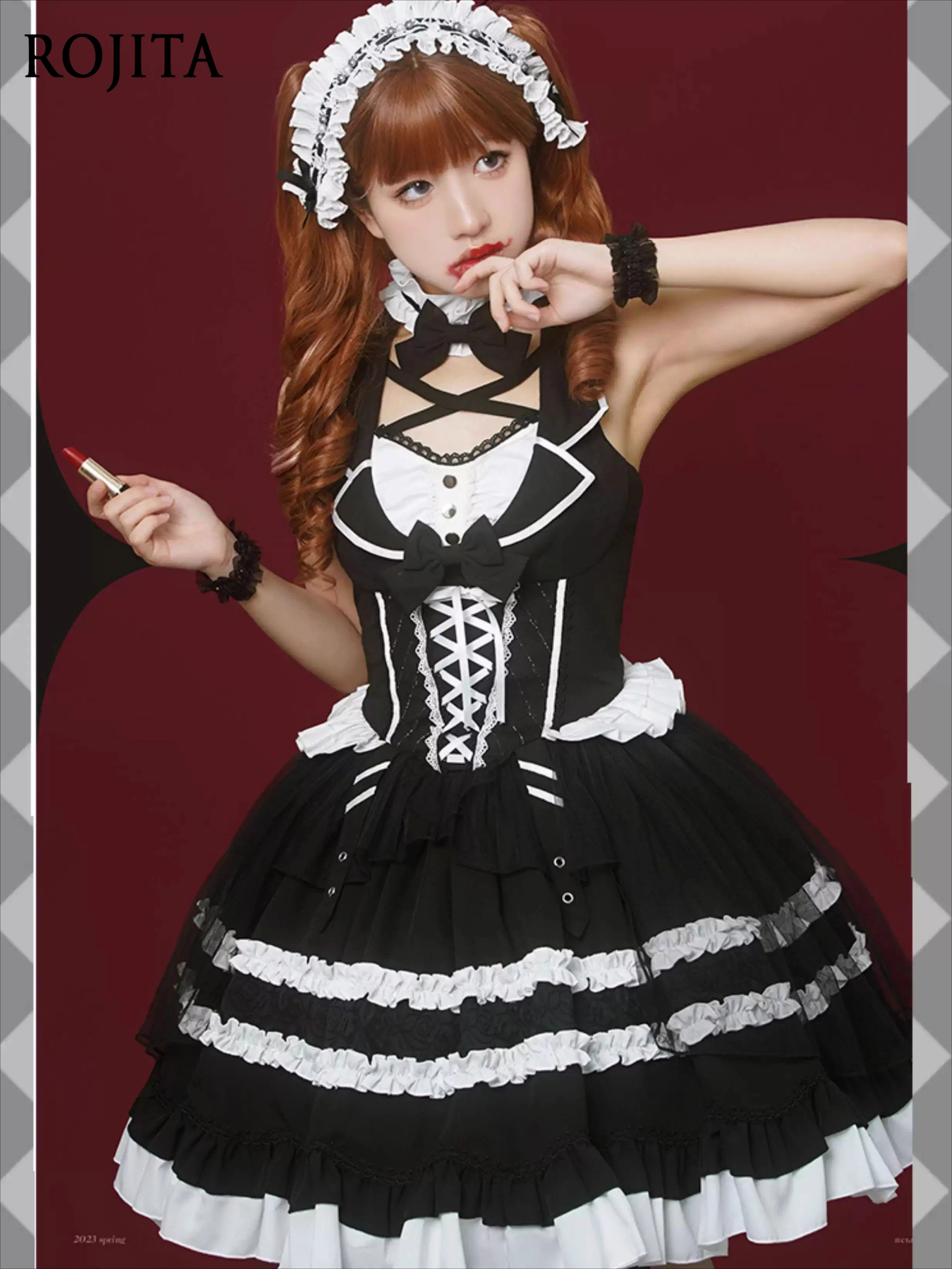 

Gothic Maid Lolita JSK Dress 2026 New Vintage Black White Ruffle Tiered Corset Lace Up Elegant Doll Dress Summer Dress