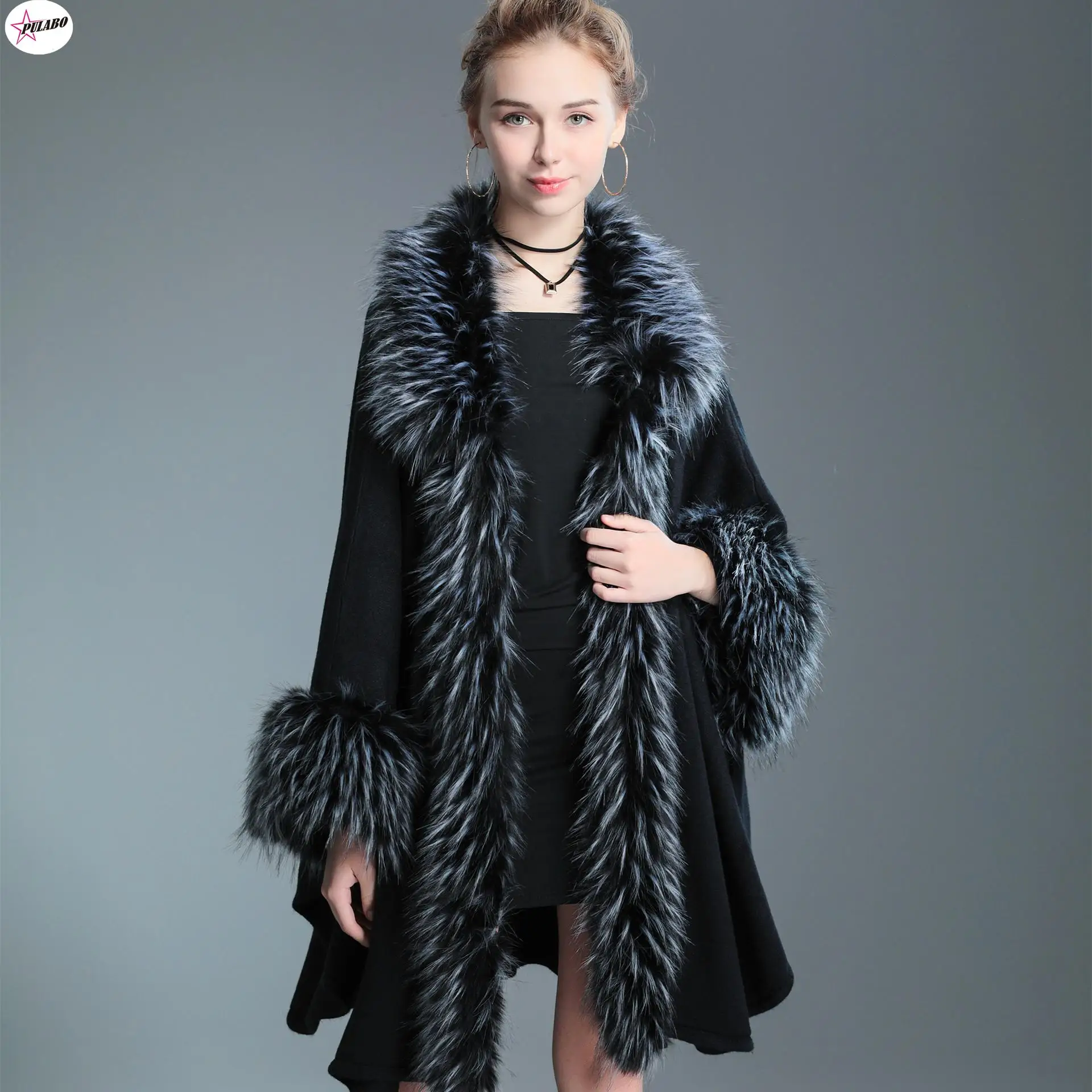 PULABO Autumn Winter Elegant Knitted Shawl Cape Imitation Raccoon Dog Fur Ladies Cardigan Fur Coat