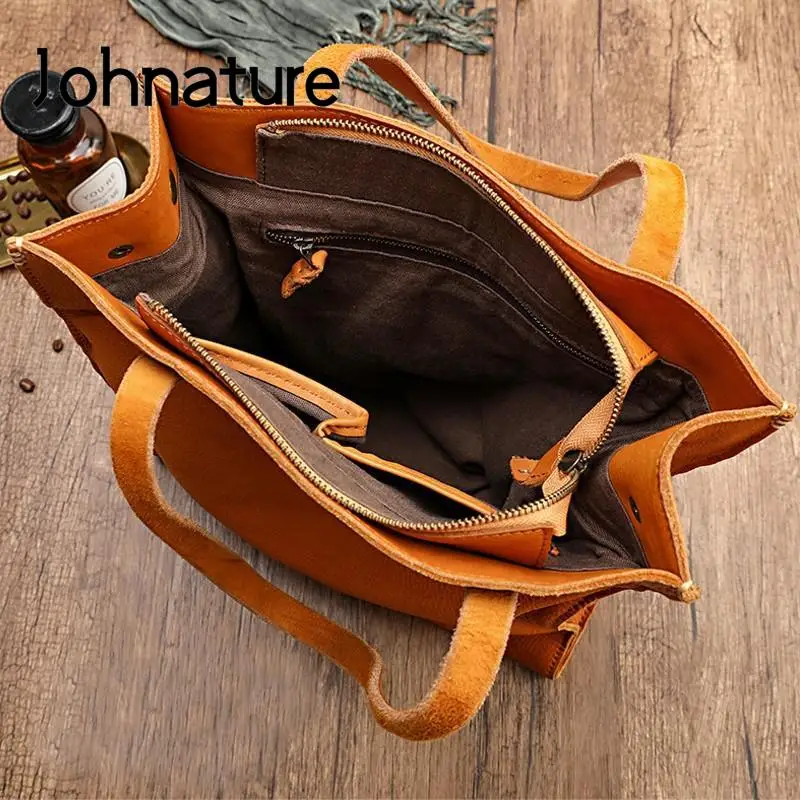 Johnature Casual Tote 2024 New Genuine Leather Women Shopping Bag Outdoor Leisure Solid Color Real Cowhide Shoulder Bags