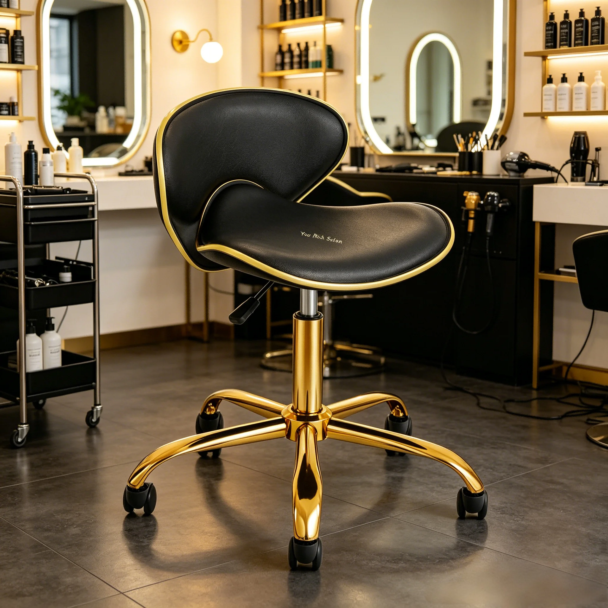 Barber Furniture Gold Base Salon Technician Chair, 360 Swivel Adjustable Stool for Hairdresser & Nail Tech Use