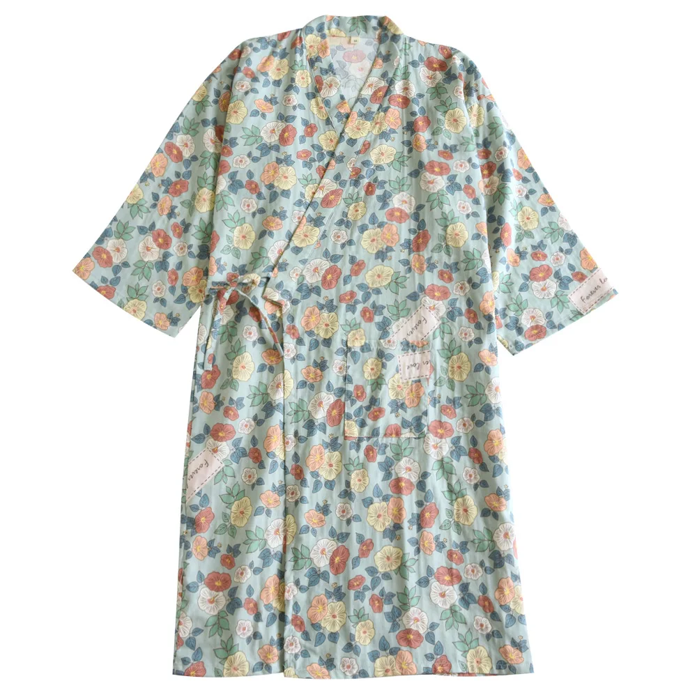 Summer Floral Cotton Women\'s Pajamas Thin Bathrobe Nightgown Japanese Kimono Robes 3/4 Sleeves Sleepwear Night Wears for Women