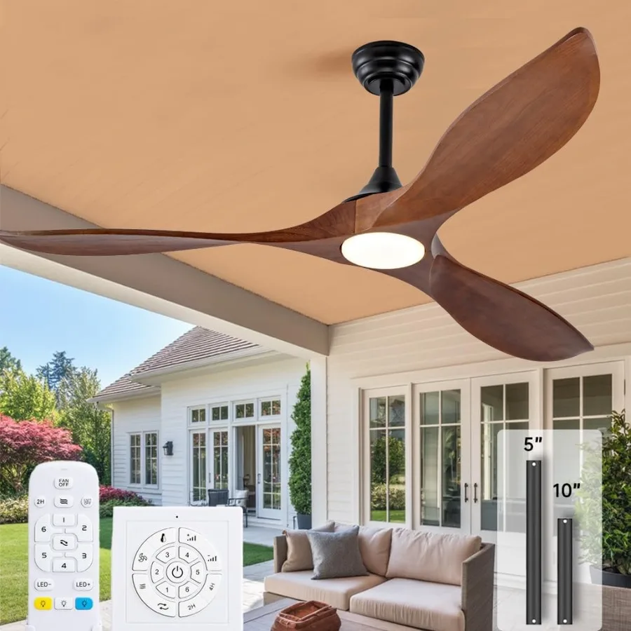 60 Inch Outdoor Ceiling Fans with Lights and Remote3 Blade Modern Solid Wood Ceiling Fan with Wall Control Switch Dimmable Quie