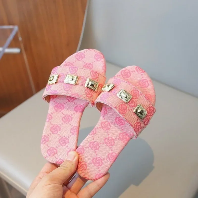 Metal Decoration Girls Slippers Summer Flowers Printed Soft Sole Children Slippers Comfortable PU Fashion Kids Flat Shoes