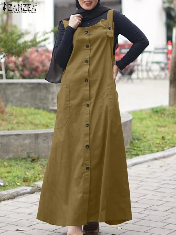 ZANZEA فساتين الحجاب الإسلامي عباية 2025 الصيف النساء وزرة فستان بلا أكمام أزرار فستان الشمس رداء فام الصلبة IsIamic الملابس