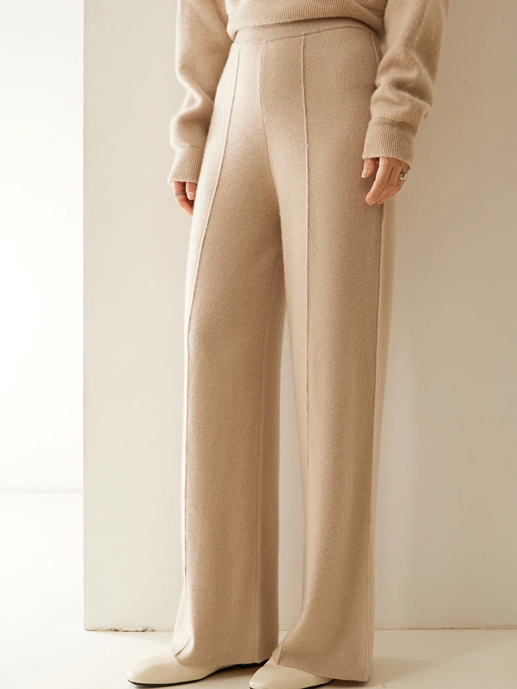 

TLOML Women‘s 100% Cashmere Knit Pants Line Wide Leg Pants Autumn Winter Thick Warm Cashmere Trousers Office Lady Simple Pants