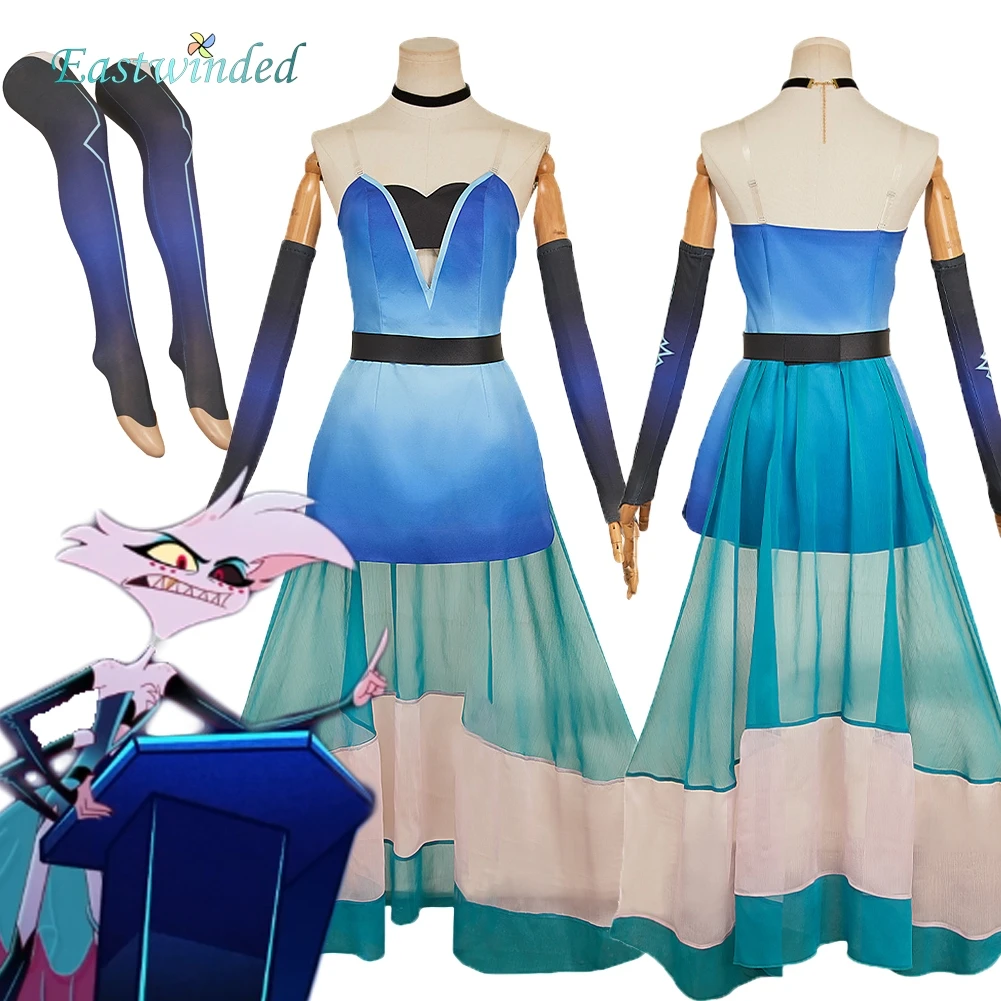 

Hazzbin Angel Dust Косплей Синее Платье Костюм Отель Hell Inn Женская Униформа Носки Комплект Одежды Хэллоуин Наряды Карнавальная Вечеринка