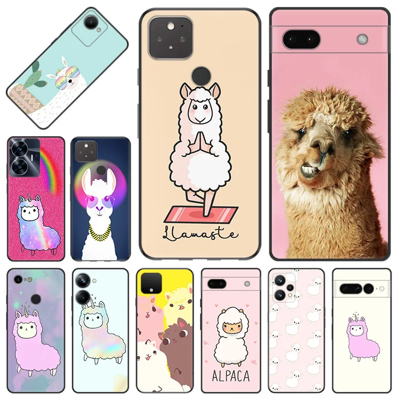 Phone Case for Pixel 8 Pro 8a 7a 6a 7 Motorola G200 Edge 40 30 20 One Fusion Cute Alpaca Llama Sheep Soft Black Anti-Drop Cover