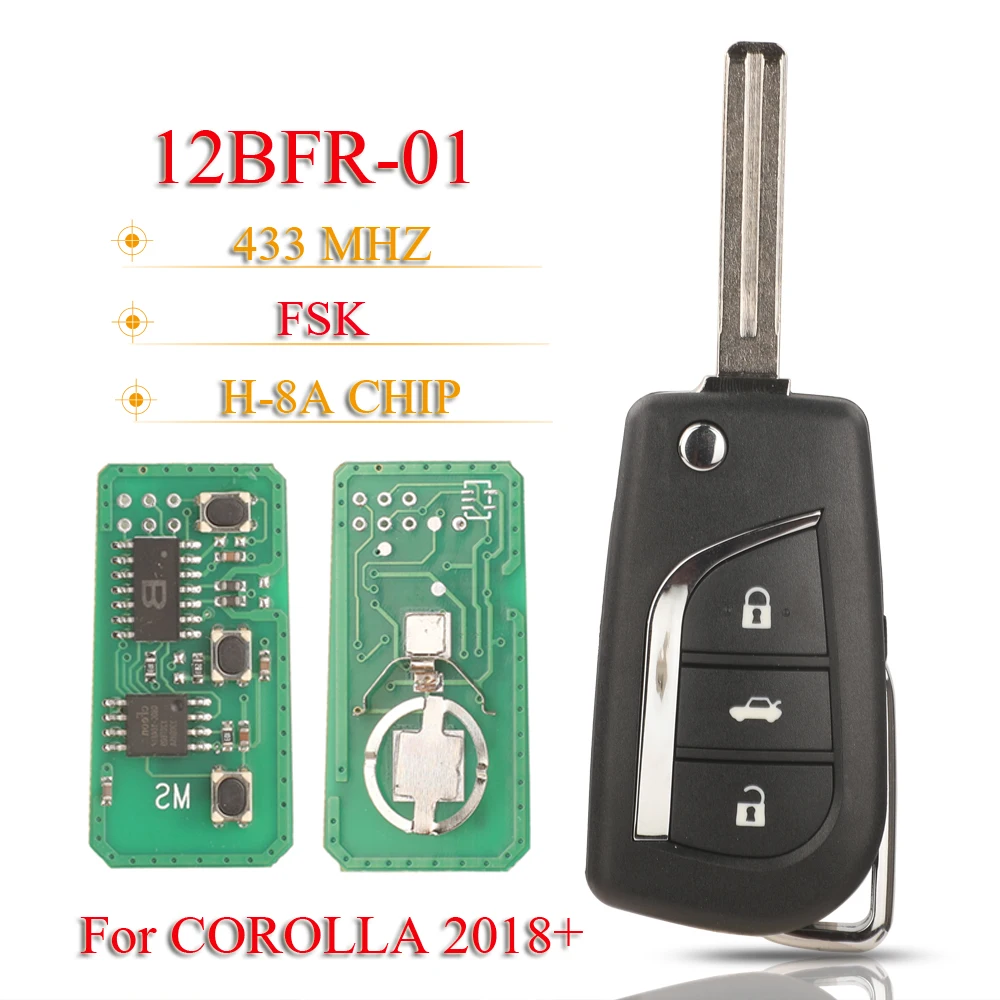 

jingyuqin 12BFR-01 3Buttons Flip Remote Car Key Control Fob 433MHZ FSK H (8A) Chip For Toyota COROLLA 2018+ Car Accessories