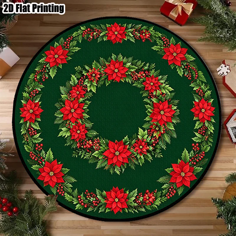 Christmas Round Area Rug Red Black Check Plaid Bear Circle Carpet Non Slip Washable Country Lodge Entryway Home Decor