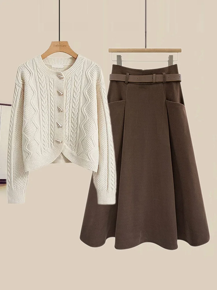 

Faionable Knitted Sweater And Skirt Set with Button Detail Autumn Winter New Sle Korean Drama Slimming Top And Skirt