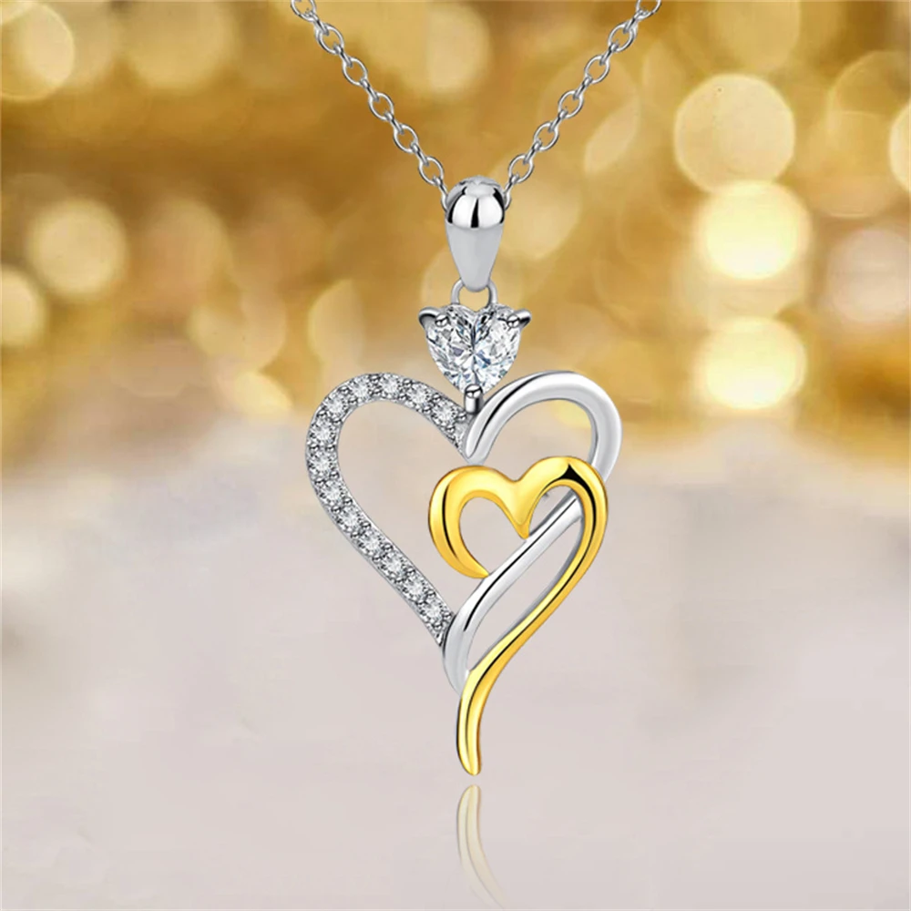 Dainty Double Bicolor Love Zircon Necklace for Women Girls Exquisite Heart Shaped Pendant Clavicle Chain Choker Jewelry Gifts