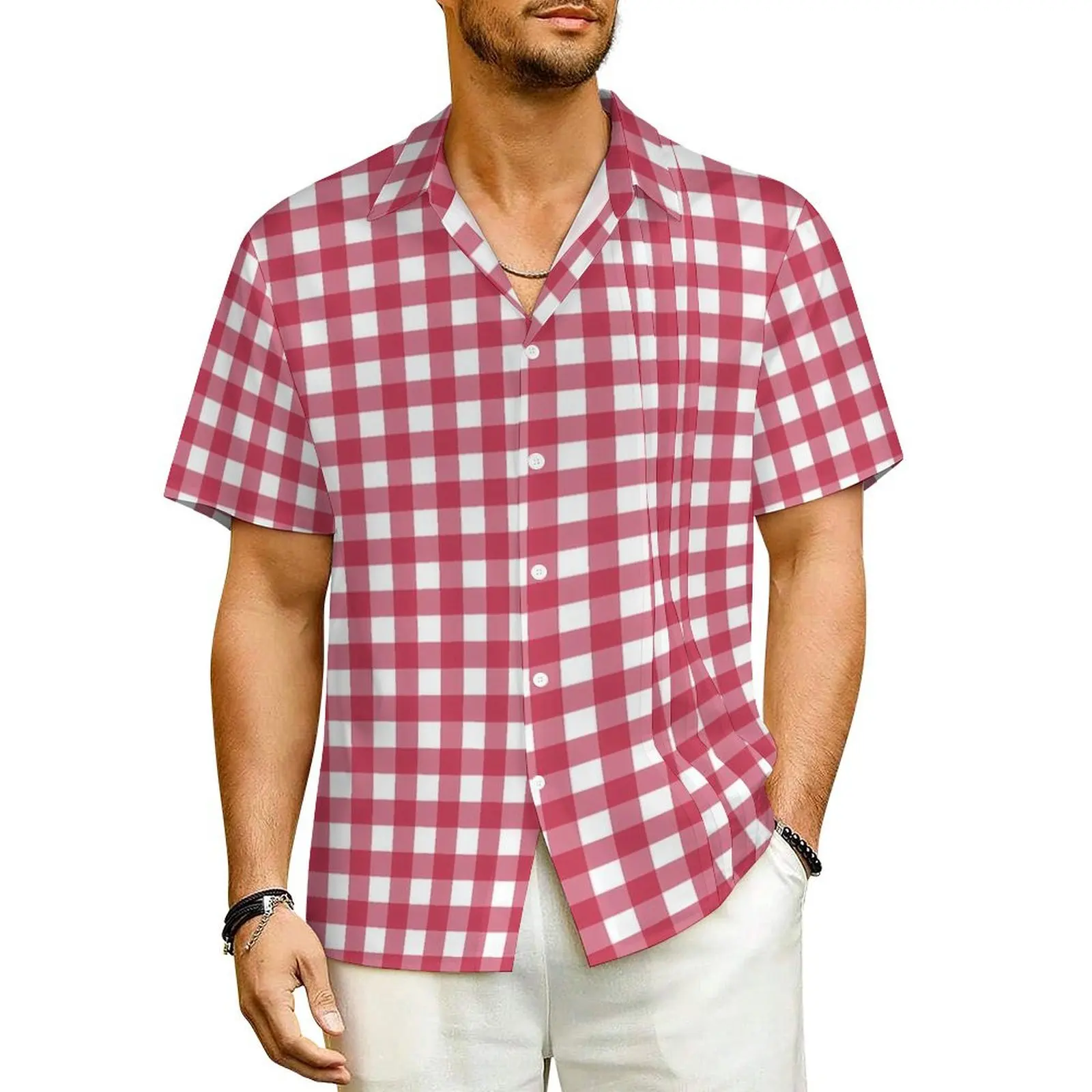 

Summer Shirt Beach Vintage Plaid Blouses Red White Gingham Cool Casual Shirts Men Short Sleeve Street Style Plus Size Clothing